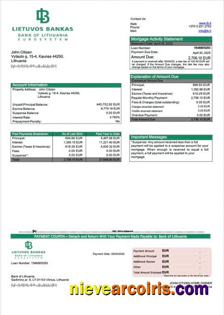 Lithuania Bank of Lithuania mortgage statement Word and PDF template